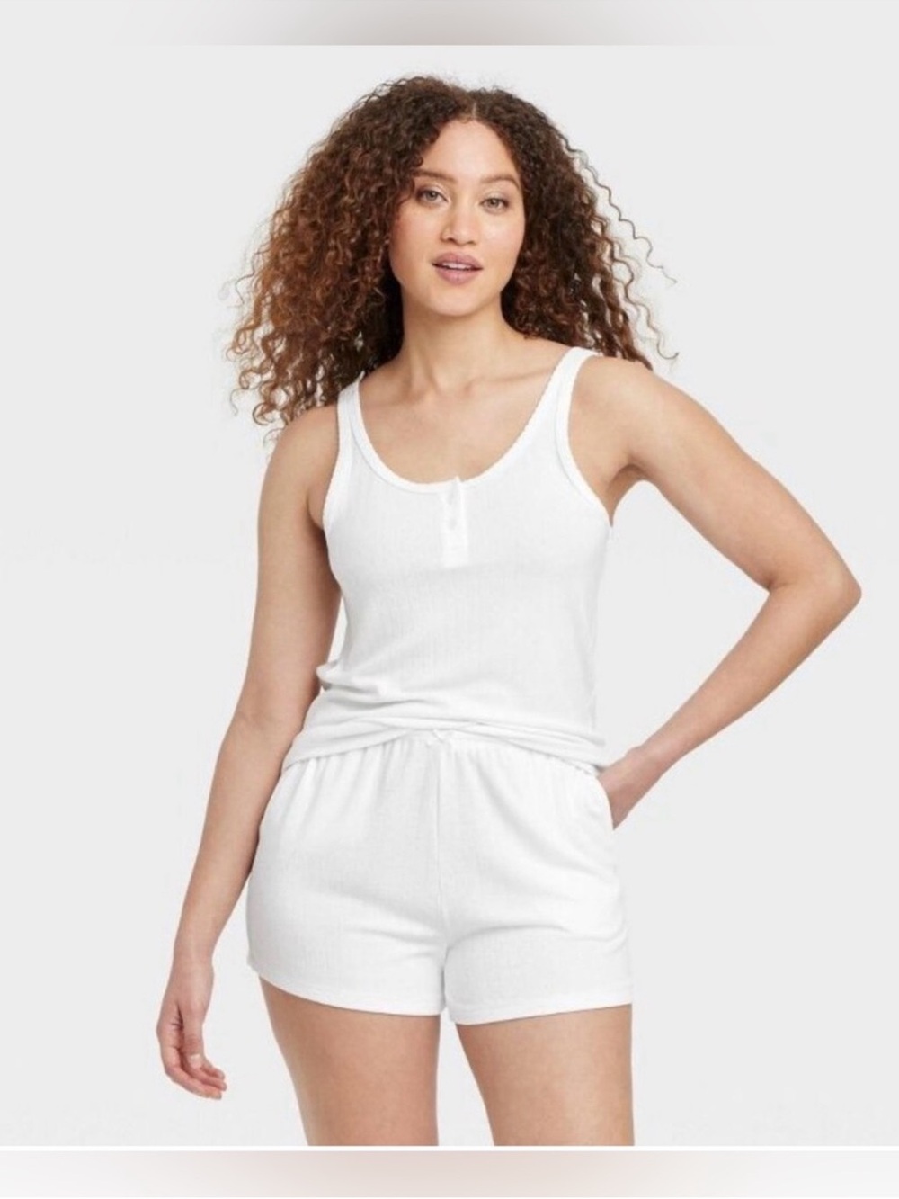 Auden Women's Pointelle Henley Tank Top and Shorts Pajama lounge White Medium